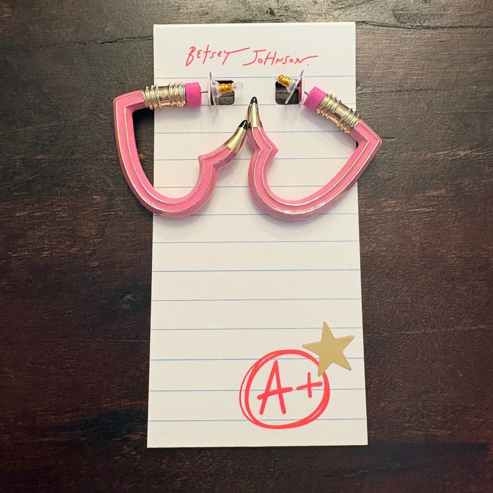 Betsey Johnson Pink Heart Pencil Hoop Earrings Back to School Teacher Gift NIB